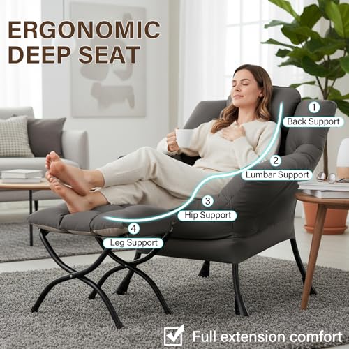 Lazy Chair with Ottoman, Reading Chair with Footrest,Dark Grey, view 6