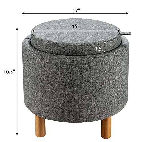 Round Storage Ottoman with Tray Lid, Accent Storage Footstool w/Soft Padding, Fabric Sitting Stool w/Solid Wood Legs & Non-Slip Pads, Tray Top Coffee Table for Living Room, Bedroom (Grey)