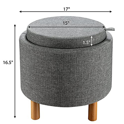 Round Storage Ottoman with Tray Lid, Accent Storage Footstool w/Soft Padding, Fabric Sitting Stool w/Solid Wood Legs & Non-Slip Pads, Tray Top Coffee Table for Living Room, Bedroom (Grey)