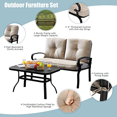 Patio Loveseat with Table Set, 2 Seat Cushioned Sofa with Coffee Table, Patio Conversation Sofa Set with Rustproof Frame, 2 Pieces Outdoor Furniture Set for Garden, Poolside, Balcony (Beige)