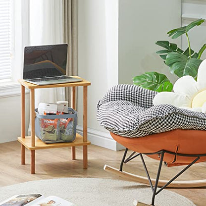 2-Tier Side Table, Solid Wood Tall End Table with Storage Shelves, Nightstand Bedside Table for Living Room Bedroom Office, No-Tool Assembly, Natural UWST002N