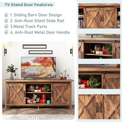 Farmhouse TV Stand for 55-65in TV with Adjustable Shelves & Sliding Barn Door - Rustic, Wooden Entertainment Center & Media Cabinet for Bedroom, Living Room (Dark Brown, 58in)