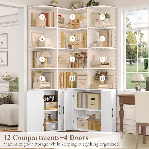 74" Tall Corner Bookshelf, White Bookshelf with Doors, view 6
