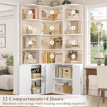 74" Tall Corner Bookshelf, White Bookshelf with Doors, view 6