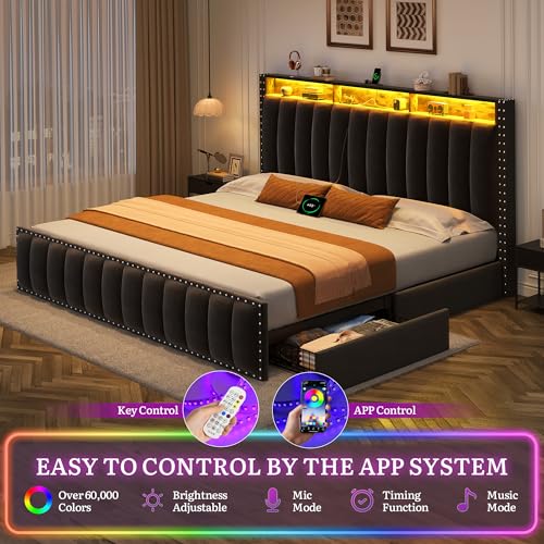 King Size Bed Frame with 4 Storage Drawers, RGB LED Light, Black, view 5