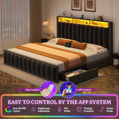 King Size Bed Frame with 4 Storage Drawers, RGB LED Light, Black, view 5