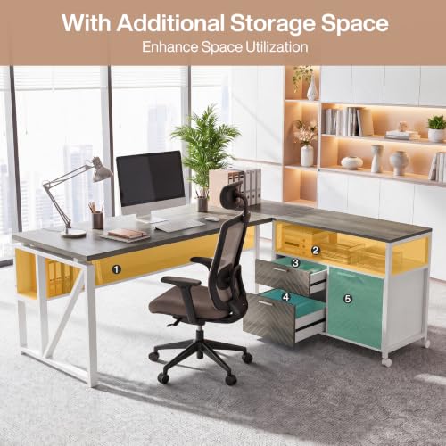 63" Executive Desk with Drawer Cabinet, L-Shaped Desk, Dark Oak, view 5