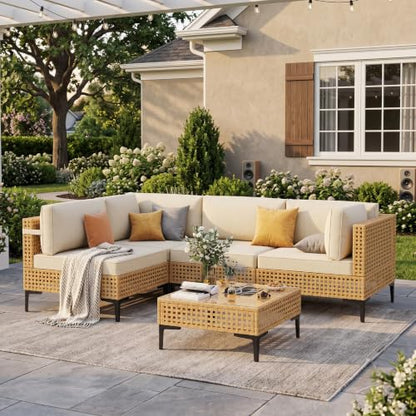 Outdoor Sectional 5 Piece Modular Patio Furniture Set Free Combination Outdoor Couch with Thick Cushion All Weather Wicker Patio Conversation Sets for Backyard, Deck, Poolside