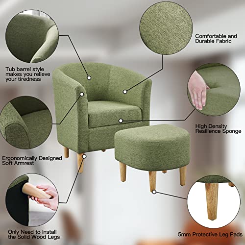 Mid Century Modern Chair, Accent Chair Barrel with Ottoman Comfy Arm Footrest Set Comfortable Living Room Chairs Upholstered Round Club Tub Sofa for Bedroom Reading Green, Set of 1