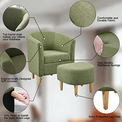 Mid Century Modern Chair, Accent Chair Barrel with Ottoman Comfy Arm Footrest Set Comfortable Living Room Chairs Upholstered Round Club Tub Sofa for Bedroom Reading Green, Set of 1