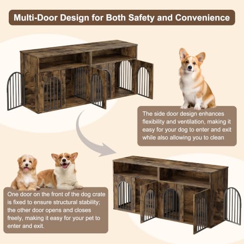 78.7" Double Dog Crate Furniture, Dog Kennel with Storage, Brown, view 6