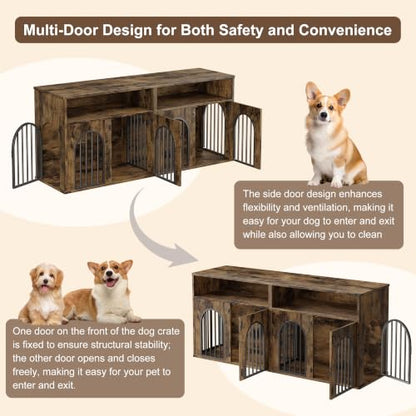 78.7" Double Dog Crate Furniture, Dog Kennel with Storage, Brown, view 6