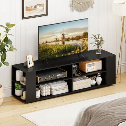 Wood TV Stand for TVs up to 65 Inch Flat Screen, Modern Entertainment Center with 8 Open Shelves, Universal TV Storage Cabinet for Living Room Bedroom, TV Console Table (Pure-Black)