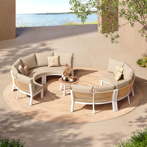 Outdoor Patio Furniture Set, 7 Piece Aluminum Curved Outdoor Sectional Sofas with Modular Coffee Table, PE Rattan Patio Conversation Sets, All-Weather Patio Couch Sets with Cushions, White