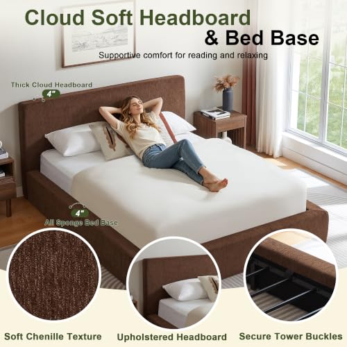 Queen Cloud Bed Frame with Headboard, No Box Spring Needed, Brown-Style A, view 5