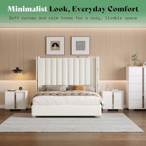3-Piece Modern Bedroom Set Queen – Cream Upholstered Bed Frame with 58" Wingback Headboard and 2 White Nightstands