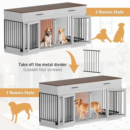 72" Double Dog Crate Furniture for Medium Large Dogs, White, view 8