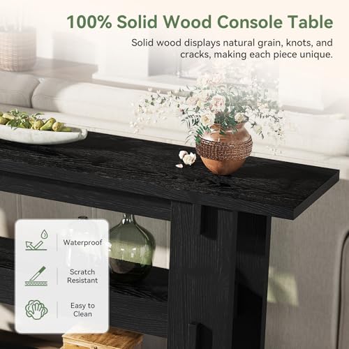 63-Inch Solid Wood Console Table, Farmhouse Sofa Table Behind Couch with Storage Shelves, Entryway Furniture for Living Room, Hallway, Foyer, Black