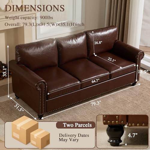 79” Leather Sofa Couch with Storage, Mid Century Modern Rolled Arm Couches for Living Room Furniture, Nailhead Trim, Dark Brown