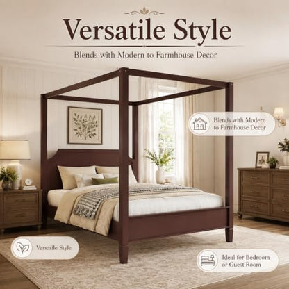 Walnut Queen Size Canopy Bed Frame Solid Wood 4 Poster Canopy Bed, view 6