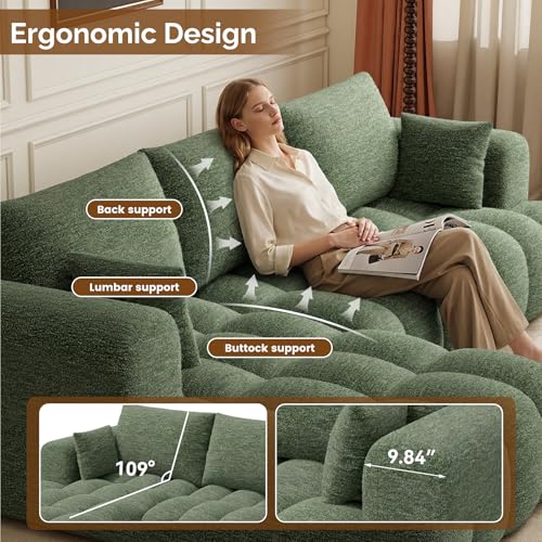 108” Boneless Couch, Cloud Couch with L-Shape Chaise, Modular Sectional Sofa with Oversized Deep Seat,Couch for Living Room Bedroom,No Assembly Required,Green
