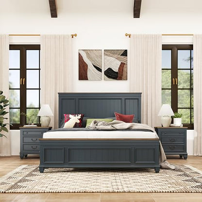 Riverton Wood 3-Piece Bedroom Set, Shiplap Panel King Bed with 2 Nightstands in Slate Blue
