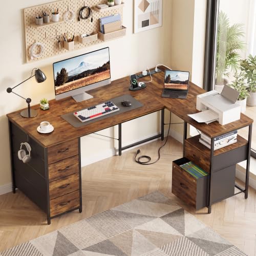 55 Inch L Shaped Office Desk with 6 Drawers & Type-C Port, Rustic Brown, view 3