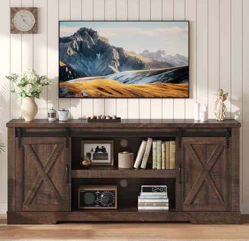 66” TV Stand for 65 Inch TV, Farmhouse Entertainment Center with Storage Cabinets and Adjustable Shelf & Feet, Modern TV Console Table for Living Room or Bedroom, Rustic Brown