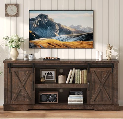 66” TV Stand for 65 Inch TV, Farmhouse Entertainment Center with Storage Cabinets and Adjustable Shelf & Feet, Modern TV Console Table for Living Room or Bedroom, Rustic Brown