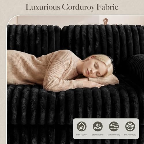 Plush Corduory Sectional Sleeper Sofa with Wide Deep Seat Modular Sectional Cloud Couches for Living Room. Black Couch