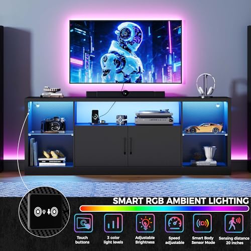 69" TV Stand for TVs up to 80", LED Entertainment Center, Black, view 6