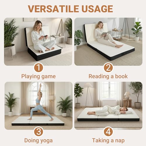 Foldable Mattress Twin, Memory Foam Tri Fold Mattress with Removable Washable Cover, 4 inch Folding Floor Mattresses Nap Pad for Guest, RV, Travel, Camping, White, 75"x38"x4"