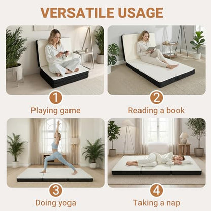 Foldable Mattress Twin, Memory Foam Tri Fold Mattress with Removable Washable Cover, 4 inch Folding Floor Mattresses Nap Pad for Guest, RV, Travel, Camping, White, 75"x38"x4"