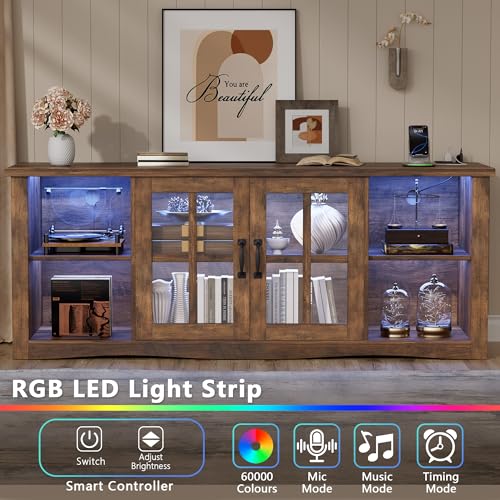 Farmhouse TV Stand, 58 Inch TV Stand for Living Room with Glass Doors, Fast Charge USB Hub & Adjustable LED Lights, Rustic TV Cabinet for TV up to 65 inch (Rustic Brown)