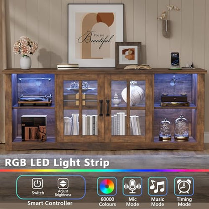 Farmhouse TV Stand, 58 Inch TV Stand for Living Room with Glass Doors, Fast Charge USB Hub & Adjustable LED Lights, Rustic TV Cabinet for TV up to 65 inch (Rustic Brown)