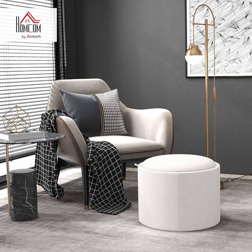 Round Storage Ottoman with Flip Top Tray, Upholstered Fabric Foot Stool, Small Coffee Table with Hidden Compartment, Accent Vanity Stool for Living Room, Cream White
