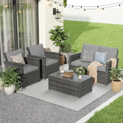 4 Pcs Patio Furniture Set, Wicker Patio Conversation Set, Light Gray | All-Weather PE Rattan, Outdoor Set with Loveseat, Armchair and Tempered Glass Coffee Table, 4 Seats, for Lawn, Deck, Backyard