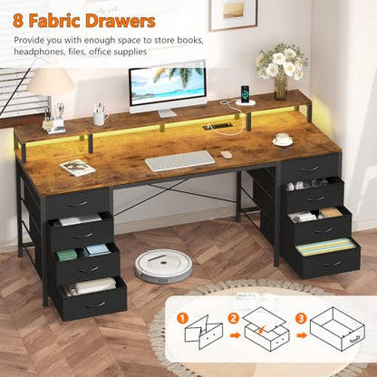 60 Inch Computer Desk with 8 Fabric Drawers, Gaming Desk with LED Lights & Power Outlets, Home Office Desk with Monitor Stand, Rustic Brown