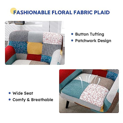 Modern Oversized Accent Chair for Living Room, Colorful Boho Linen Fabric Upholstered Armchair with Wood Legs, Single Chair