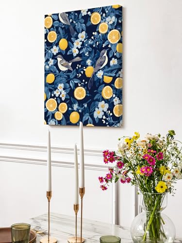 NuYeBiofx Summer Fruit Lemons Birds Canvas Wall Art Prints,40"x28" Framed Picture Artwork White Flowers Blue Leaves Printed Canvas Oil Painting for Living Room Bedroom Office,Ready to Hang