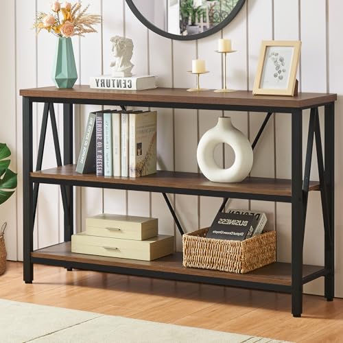 Entryway Console Table, Rustic Console Table with Wide Storage, Industrial Foyer for Entryway with 3-Tier Open Shelves, Entry Tables for Living Room, Hallway, Brown, 47 Inch