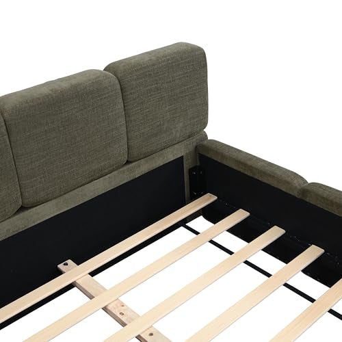 Queen Linen Blend Platform Bed, Thick Headboard and Footboard, Green, view 5
