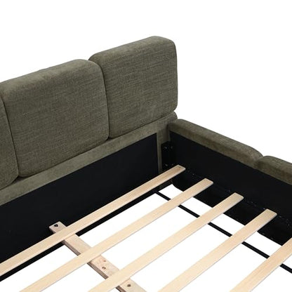 Queen Linen Blend Platform Bed, Thick Headboard and Footboard, Green, view 5