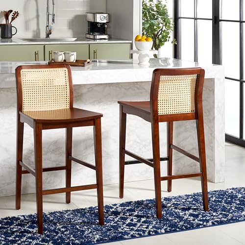 SAFAVIEH Home Collection Benicio Dark Brown/Natural Rattan 29-inch Seat Height Bar Stool Set of 2