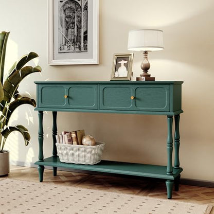 Mid-Century Console Table for Entryway with 2 Drawers, Green Entryway Table with Storage Cabinets and Open Shelf, Narrow Long Couch Table Behind Sofa for Living Room, Foyer, Hallway