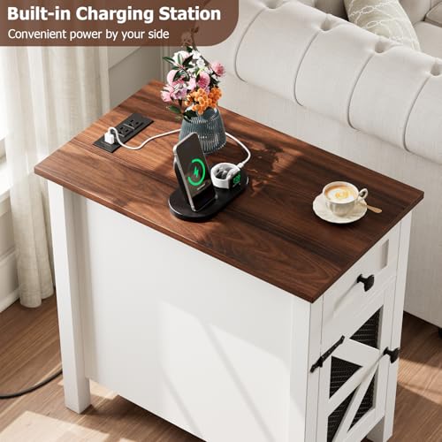 Farmhouse End Table with Charging Station, Narrow Side Tables with Storage | Modern Wooden Nightstand with Power Outlets&USB Ports,White Bedsid Table for Living Room,Bedroom,Metal Grille Door
