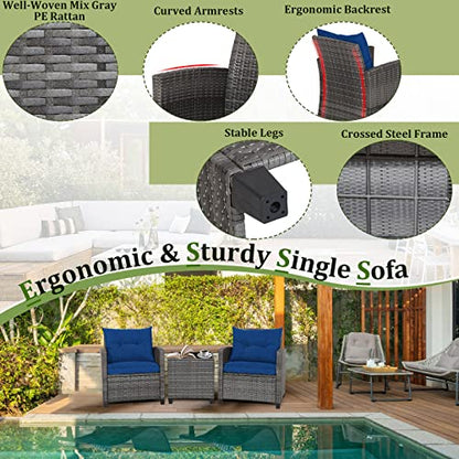 Wicker Patio Furniture Sets - 3 Pieces Patio Rattan Sofa Set, Outdoor Conversation Set with Tempered Glass Tabletop, Heavy-Duty Steel Frame, Wicker Chair Set for Poolside, Backyard, Navy