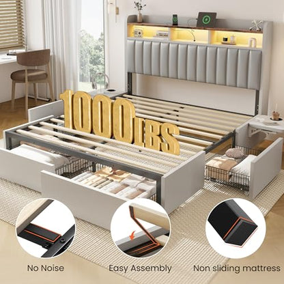 King Bed Frame with 4 Storage Drawers and Built-in Adjustable Desk, view 6