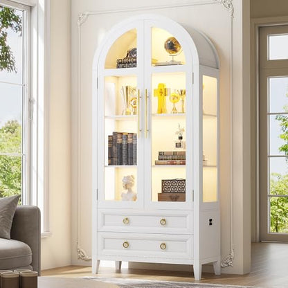 71" Tall Arched Storage Cabinet with Glass Doors and Drawers, Curio Display Cabinet with Adjustable LED Light & Human Sensor, 4-Tier China Cabinet for Living Room(White)
