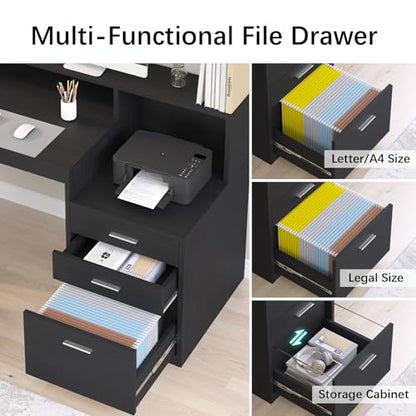 65" Black Computer Desk with 3 Drawers & Printer Shelf for Home Office, view 6